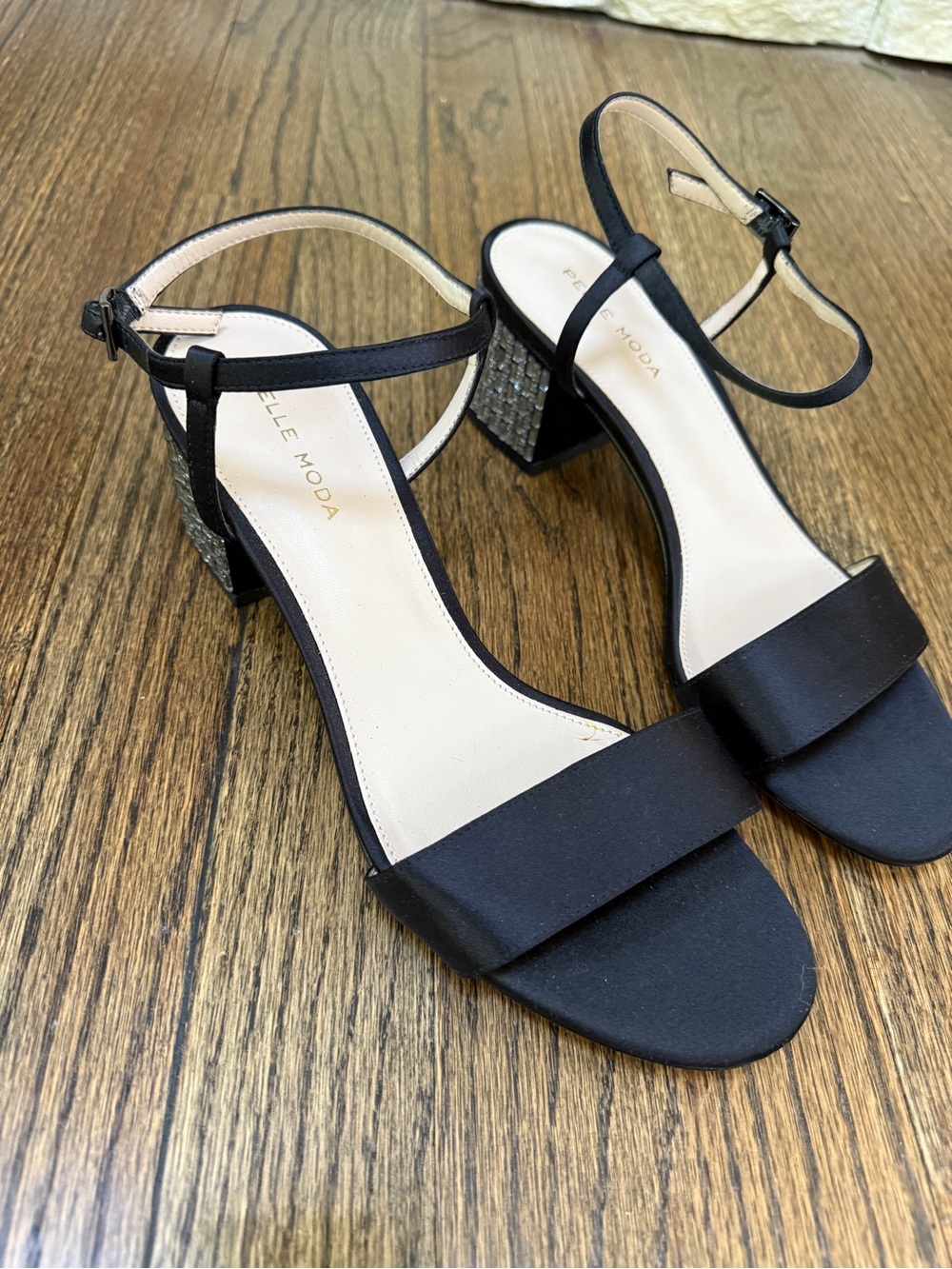 Pelle Moda Black Ankle-Strap Block Heels with Metallic Detail